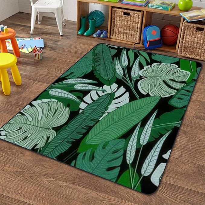 Soft Kids Play Area Rugs 3D Home Jungle Palm Leaf Seamless Ttropical Palm Leaves Design for Printing Plush Rugs Non Slip Shaggy Carpets for Kids' Bedroom Classroom Playroom Nursery Décor