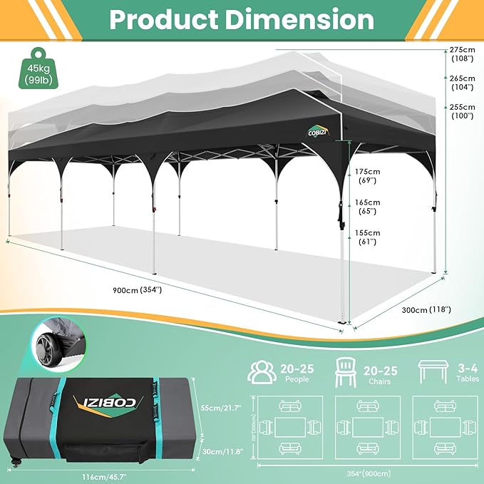 COBIZI 10x30 Party Tent: 10x30 Pop Up Canopy Tent with Wheeled Bag, Easy Up Canopy 3 Adjustable Heights，420D Waterproof UPF 50+ Fabric, Tents for Parties Wedding with 5 Removable Sidewalls, (Black)