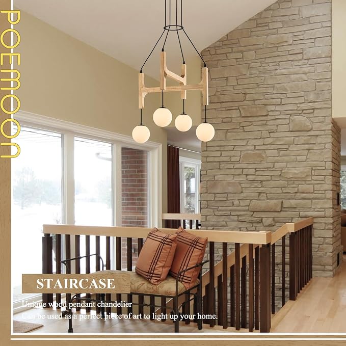 Natural Farmhouse Wood Chandeliers Vintage Milk Glass Pendant Light L24 '' Mid Century Long 4-Light Hanging Fixture for Living Dining Room Entryway Foyer Bedroom Kitchen,G9