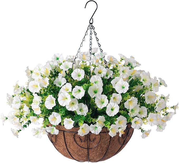 Ivydale Artificial Fake Hanging Flowers Plants Baskets for Outdoor Spring Summer Decoration, Faux Silk White Morning Glory Look Real UV Resistant for Outside Porch Patio Balcony Yard Front Door Garden