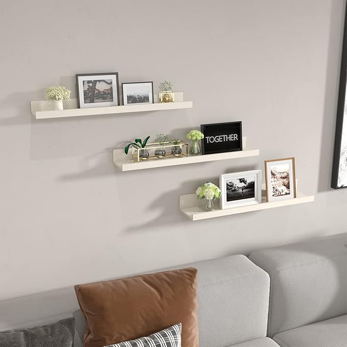 Giftgarden 24 Inch Floating Shelves for Wall, Creamy White Beige Wood-Grain Wooden Shelf Ledge for Bathroom Kitchen Living Room Nursery Bedroom Picture, Set of 3 Different Sizes