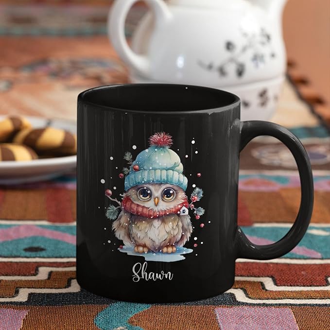 Winter Owl Design Coffee Mug - Custom Christmas Animal Black Cup, Personalized Name Themed 11oz 15oz Ceramic Cup for Owl Lovers, Xmas Decorative Gift