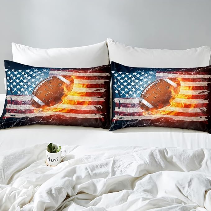 Boys American Football Comforter Set, United States Flag Down Comforter Twin Size, Soccer Sports Games Bedding Set for Kids Teens Adult Men, Geometric Stripes Retro Duvet Sets, Blue White and Red