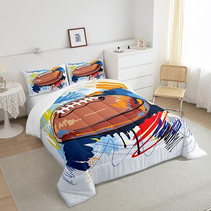 Boys Football Comforter Set Twin Kids Teen Sports Bedding Set Bedroom Decor,Watercolor Tie Dye Hand Drawn Graffiti Football Bedding Comforter Sets Rugby Quilt Duvet 1 Pillow Case Colorful Brown