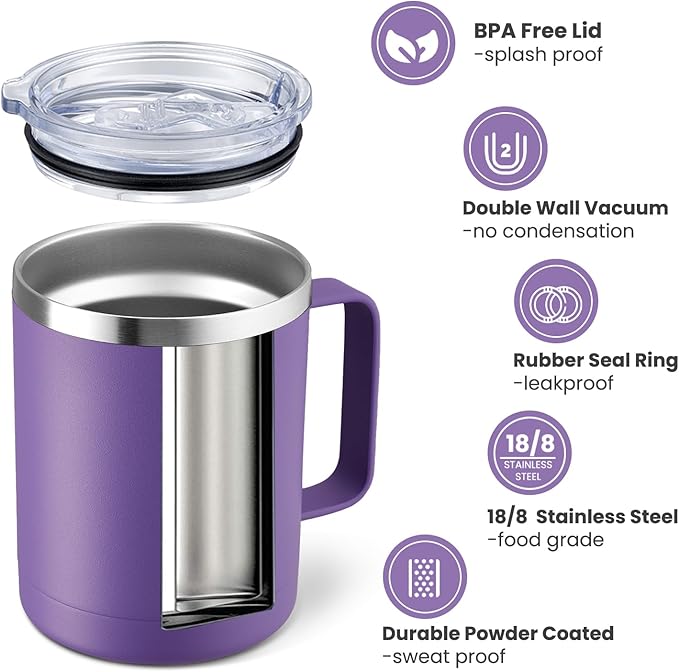 MEWAY 12oz Coffee Mug With Handle 8 Pack Bulk,Stainless Steel Insulated Travel Tumblers With Sliding Lid,Double Wall Vacuum Camping Cup for Hot & Cold Drinks Tea (Purple,Set of 8)