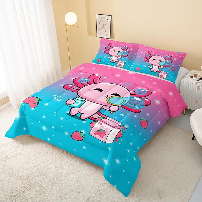 Kawaii Axolotl Comforter,Pink Salamander Comforter Set for Kids Teens Girls,3Pcs Bedding Set Printed Comforter with 2 Pillowcases,Down Alternative,Soft and Lightweight(Pink，Queen Size)