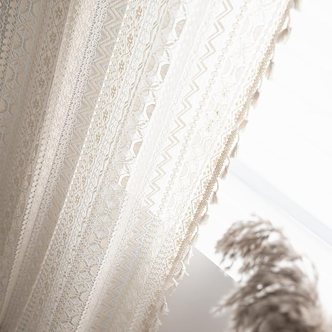 Sutuo Home Crochet Boho Curtain 96 Inches Length, Sheer Lace Handmade Tassels Knitted Window Treatment Vintage Rustic Bohemian Farmhouse Drape for Bedroom Rod Pocket 1 Panel 59" W x 96" L, Beige Wave