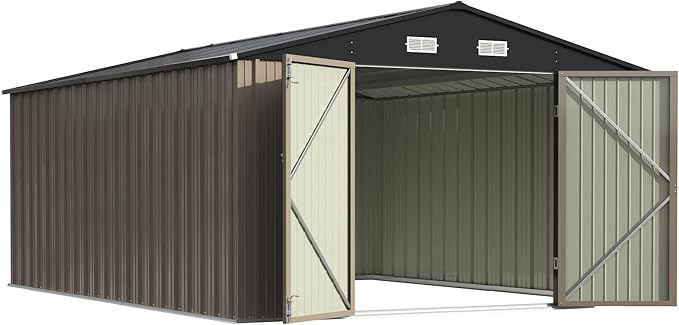 Patiowell 10x14 FT Outdoor Storage Shed, Large Metal Garden Shed with Lockable Door and Sloping Roof, Outside Steel Utility Tool Sheds for Backyard Lawn Garden Patio, Brown