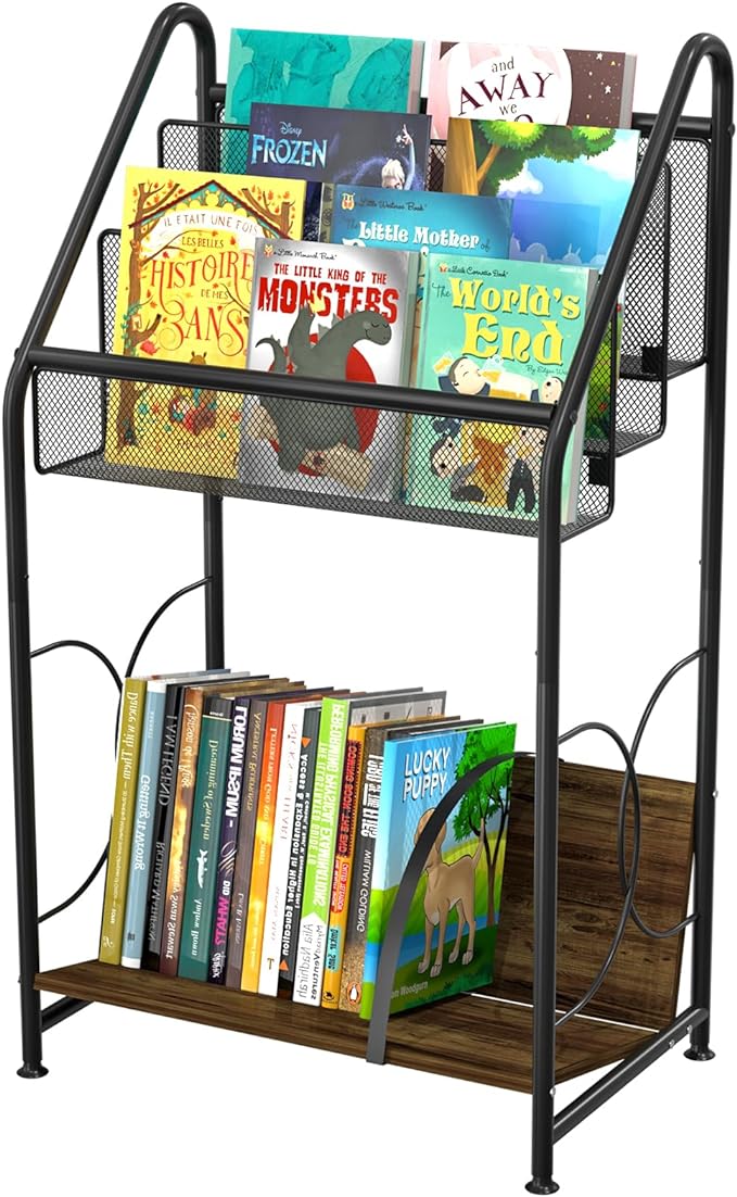 Bookshelf, 4-Tier Metal & Wood Rolling Book Cart on Wheels, Record Cabinet for Book Magazine Turntable, Record Holder Up to 100 Albums, Multifunction Utility Cart, Black
