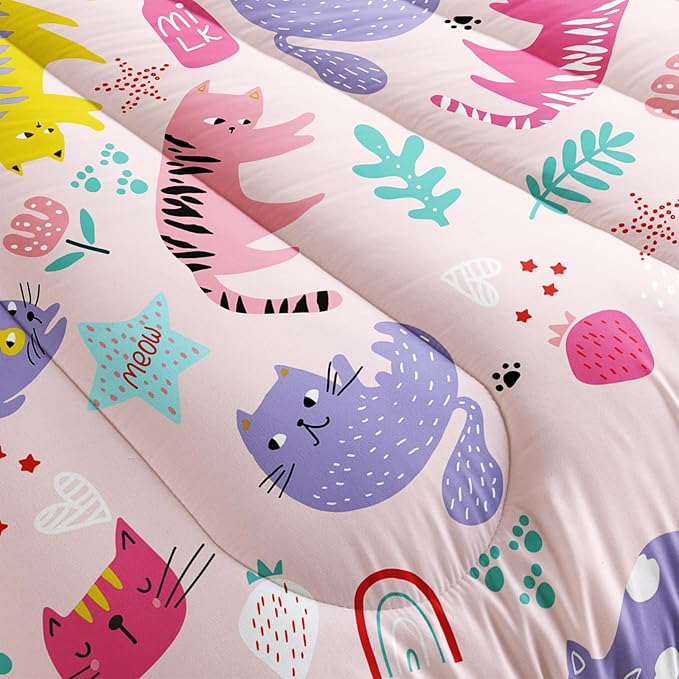 Kawaii Cats Comforter Full Size,Pink Cats Kids Comforter Set,3Pcs Bedding Set Printed Comforter with 2 Pillowcases,Down Alternative,Soft and Lightweight,for All Seasons