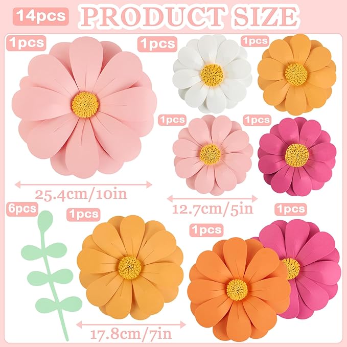 Paper Flowers Decorations for Wall, 3D Handmade Artificial Flowers for Wall Decorations, Pink Orange White, for Baby Girl Nursery Room Bulletin Board Decoration