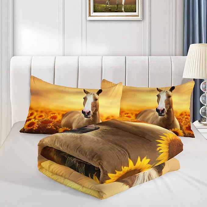 Horse Comforter Full Size,Sunflower Horse Comforter Set for Kids Teens Girls Boys,3Pcs Bedding Set Printed Comforter with 2 Pillowcases,Soft and Lightweight，Full Size