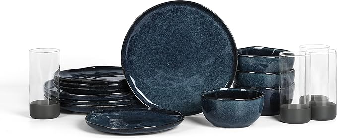 Stone Lain Mirella 16-Piece Dinnerware Set Stoneware, Borosilicate Glass, Blue