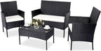 Patio Furniture Set,4 Piece Garden Conversation Set, Outdoor Wicker Rattan Table and Chairs, Black Patio Set, Sectional Sofa with Thick Cushion for Garden, Yard, or Porch (Black/Beige)