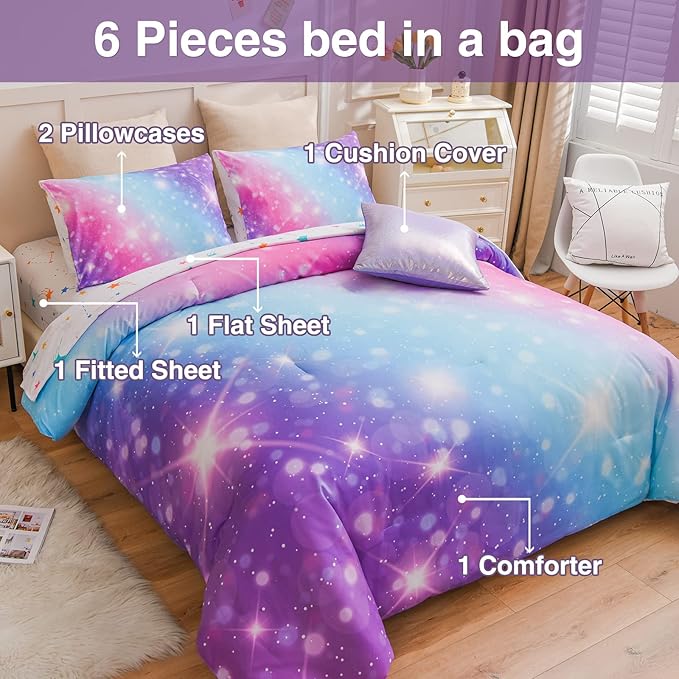 A Nice Night 6Pcs Gradient Glitter Bedding Set for Girls Twin Size, Colorful Rainbow Galaxy Comforter Set, Ultra Soft Bedding Sets, Purple