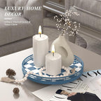 Blue and White Checkerboard Lazy Susan with Rubberwood Base and Metal Rail | Smooth rotating oak tray with walnut finish for dining tables, kitchen counters, pantries and cabinet storage.
