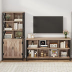 FATORRI Bookshelf with Doors, Rustic Tall Bookshelf with Cabinet, Industrial Farmhouse Book Shelf and Cube Organizer Bookcase for Living Room (Rustic Oak)
