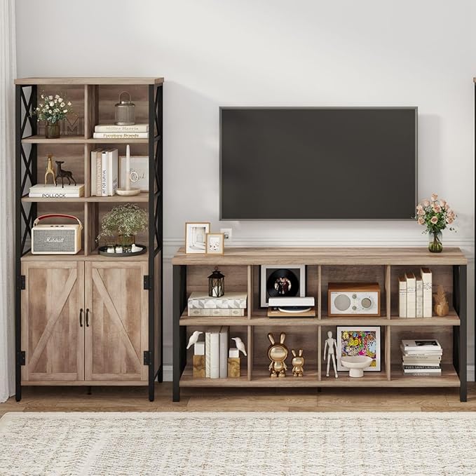 FATORRI Bookshelf with Doors, Rustic Tall Bookshelf with Cabinet, Industrial Farmhouse Book Shelf and Cube Organizer Bookcase for Living Room (Rustic Oak)