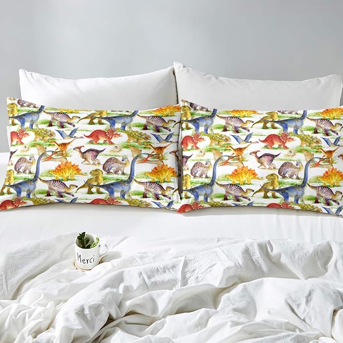 Erosebridal Dinosaur Comforter Set Kawaii Dino Bedding Set for Kids Girls Boys Teens Bedroom Decor, Retro Animal Duvet Insert Watercolor Wildlife Soft Microfiber Quilt with 1 Pillow Case, Twin