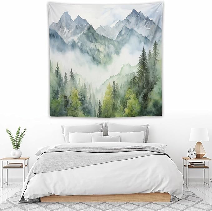 HZOHNAGO Mountain Tapestry Misty Green Forest Mountain Pattern Printed Wall Tapestry Wall Hanging for Bedroom Living Room Dorm 60" W x 60" H