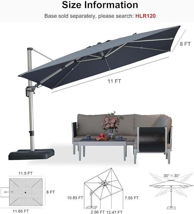 PURPLE LEAF 11.5' X 8' Left-right Tilting Patio Umbrella Outdoor Swivel Cantilever Umbrella Aluminum Offset Umbrella with Champagne Frame and 360-degree Rotation for Garden Deck Pool, Grey