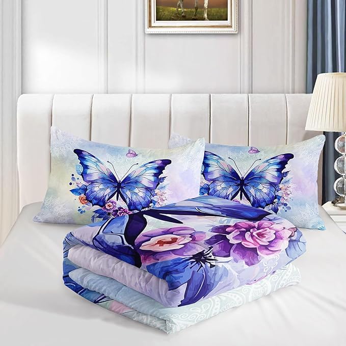 Datura home Kids Comforter Set Butterfly Printed Pattern Bedding Set with 1 Comforter and 2 Pillowcases for Girls Boys Bedroom All Season(Butterfly3 Queen)