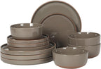 Gibson Elite Northrock Stoneware Dinnerware Set, 16-Piece Service for 4 Plates and Bowls Set – Gray Dishes with Hand-Painted Terracotta Base