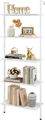 Tajsoon 25.2''W Ladder Shelf Bookshelf, 5 Tier Wall Shelf with Metal Frame, Modern Open Wall Mount Bookcases for Home, Office, Balcony, Plant Flower, White