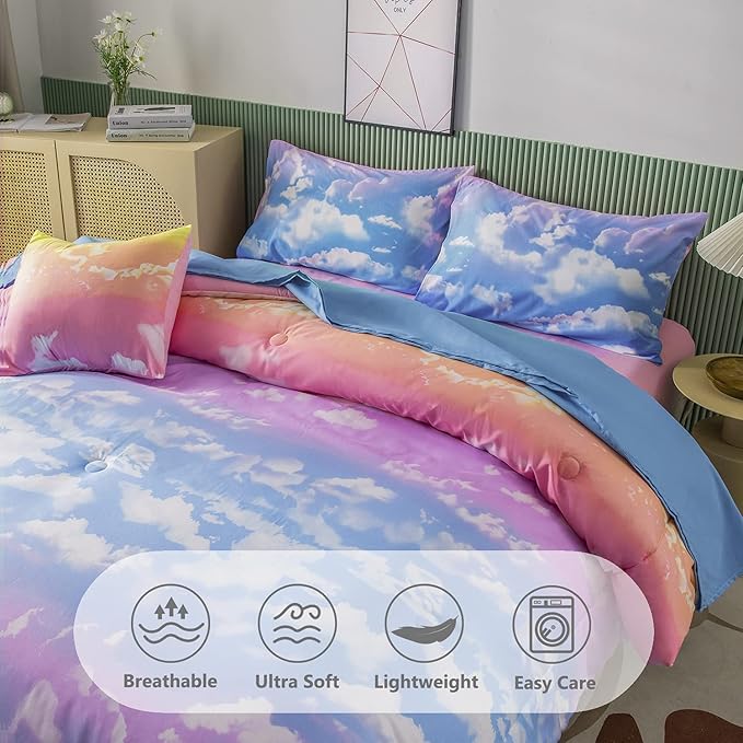 PERFEMET Full Size Bedding Sets for Girls, 6 Pieces Blue Sky and White Cloud Print Comforter Set Bed in A Bag, Rainbow Ombre Bedding Comforter Sets with Sheets (Cloud Pattern, Full)