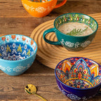 Bohemian Hand-Painted Ceramic Mug, 15 Oz Large Coffee Cup for Milk, Tea, and Breakfast, Dishwasher & Microwave Safe Artisan Cup, Navy Blue