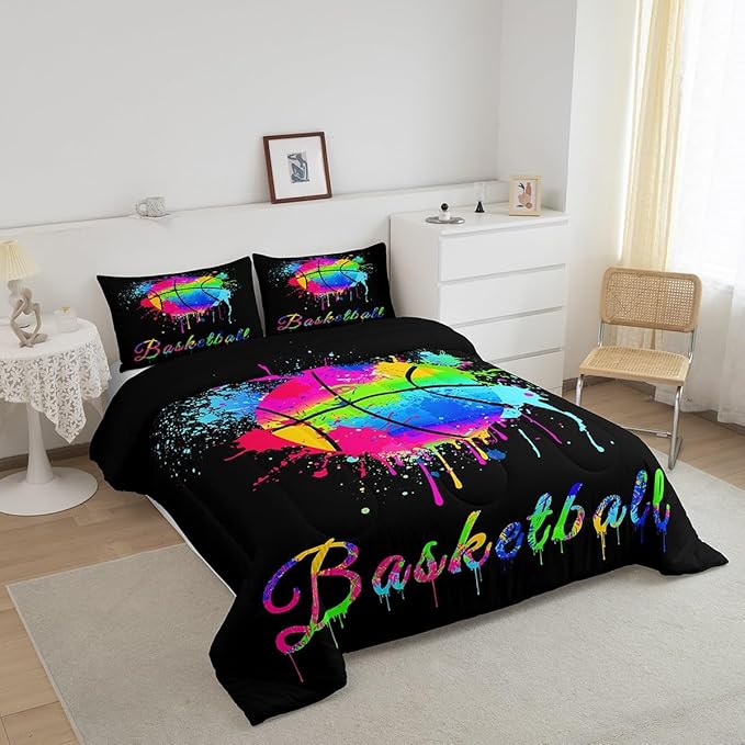 Feelyou Kids Basketball Comforter Set King Size Gaming Sports Bedding Set for Boys Girls Teens Bedroom Decor Ball Games Tie Dye Comforter Gift for Basketball Lover Duvet Set with 2 Pillow Case