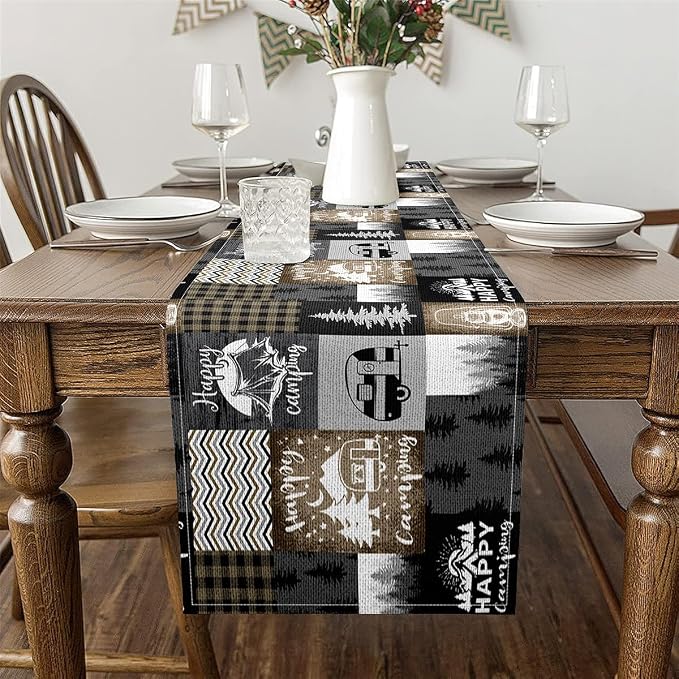 Feelyou Happy Camping Table Runner 108x13 Inch Kids Camper Decorations Indoor Outdoor Party Supply Wood Grain Home Kitchen Dining Decor Botanical Tree Black Brown Home Decor