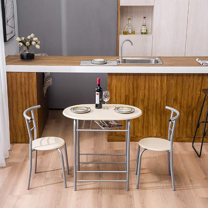VINGLI 3 Piece Dining Set, Small Kitchen Table Set for 2, Breakfast Table Set, Kitchen Wooden Table with 2 Chairs for Small Space/Dining Room/Apartment, Metal Frame, Wine Rack, Beige