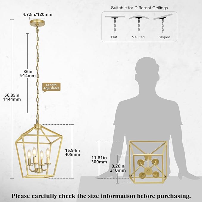 4 Light Gold Chandelier, Industrial Ceiling Light Lantern Light Fixtures with Farmhouse Metal Cage Adjustable Height Rustic Geometric Hanging Light E12 Base for Kitchen Island, Entryway, Indoor