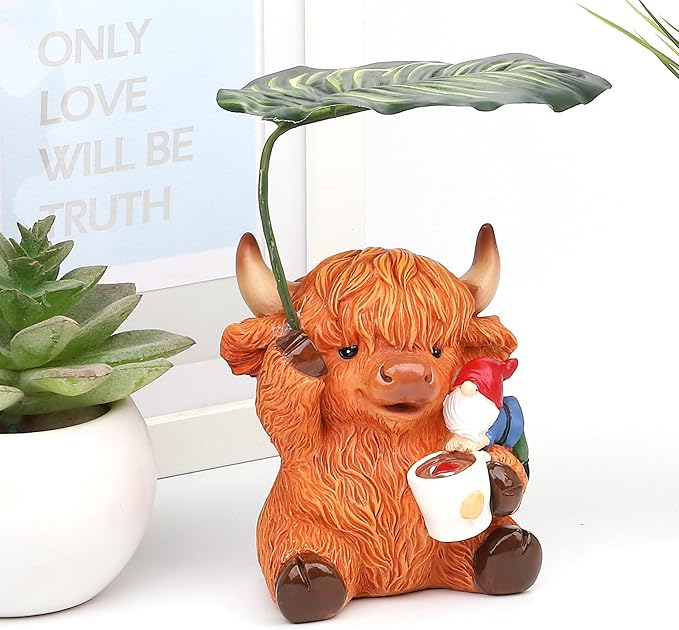 Garden Gnome with Highland Cattle 6.5“ Figurine Ornament for Indoor Outdoor Home Patio Yard Lawn, Red Hat, Blue Outfit, Indoor Outdoor Decorative Statue