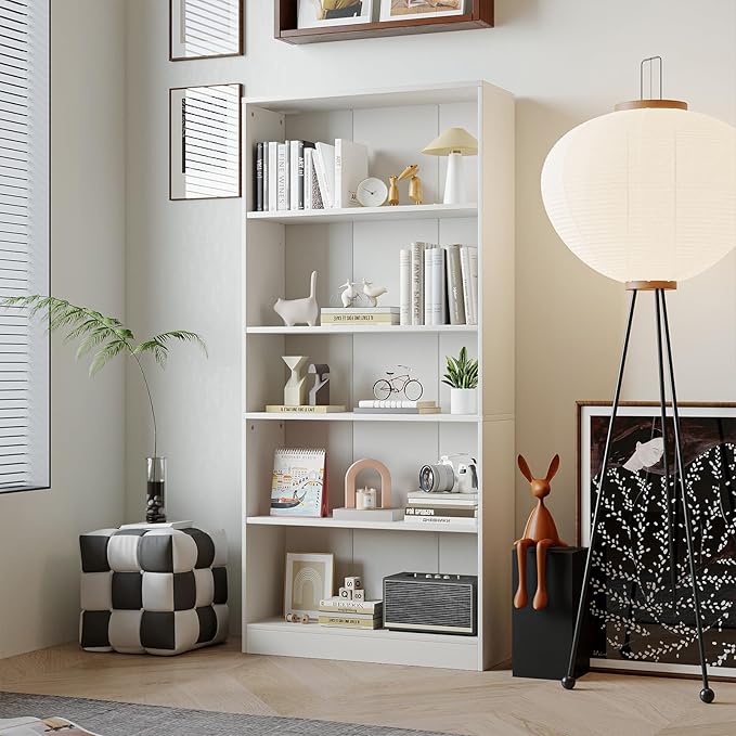 5-Tier Bookshelf, Wood Display Storage Shelves 67.3" Tall Bookcase Open Bookshelf for Home Office, Living Room and Bedroom,White
