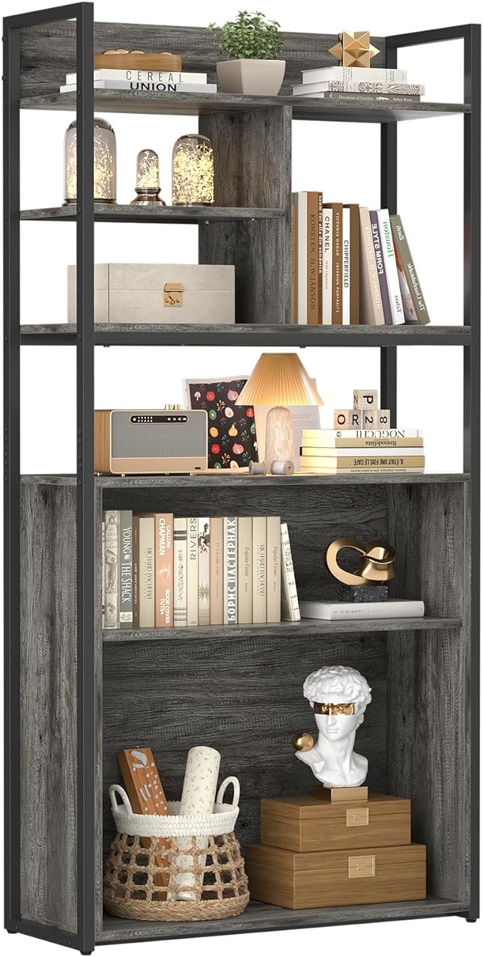 armocity Industrial Bookshelf, 6 Tier Tall Bookshelves Wood Metal Frame Standing Bookcase, Display Book Shelf with Adjustable Storage Shelves for Home Office, Living Room, Bed Room, Grey Oak