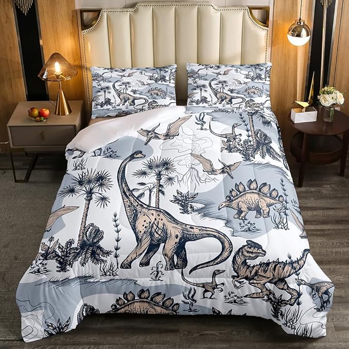 Erosebridal Kids Dinosaur Comforter Set,Dino Palm Tree Bedding Set King Size for Boys girls Teens Adult Bedroom,Ancient Animal Duvet Sets Mountain Tropical Botanical Quilted Duvet with 2 Pillow Cases