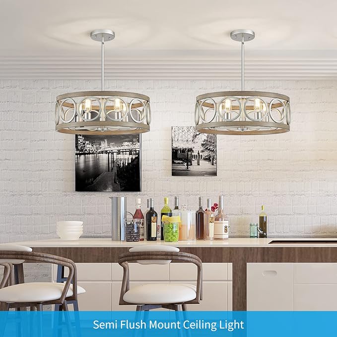 XINGQI 21.7'' Modern Farmhouse Chandelier Drum Pendant Lighting Fixture Hanging Ceiling Lamp for Living Dining Room Over Table, 5 Lights Antique Wood Grain Brushed Nickel with Round Metal