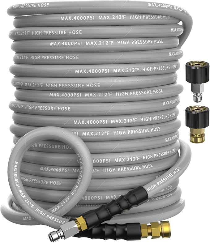 Pressure Washer Hose 100FT 4000 PSI, Kink Resistant Steel Braided Layer & NonMarking Rubber for Hot/Cold Water, High Power Washer Hose With 3/8 Inch Quick Connect & M22 Fitting, Gray