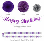 Purple Silver Birthday Party-Decorations Paper-Flowers - 14pcs Happy Banner Lavender Lanterns Tissue Pom Poms,Lilac Streamers Garland Fans,Women Girls Adult Kids Office Hanging Supplies Decor Hugfond