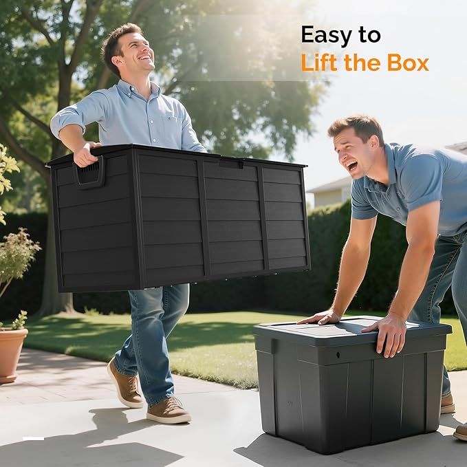 VINGLI 75 Gallon Outdoor Storage Box, Lockable Plastic Storage Containers with Lid, Patio Deck Box Furniture for Garden, Pool, Balcony, Yard (Full Black)