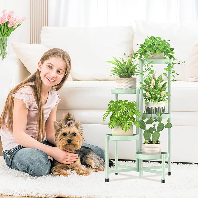 iDavosic.ly Plant Stand Indoor Outdoor, 5 Tier Corner Metal Flower Display Holder Shelf, Folding Tall Orchid Rack for Patio Balcony Porch Garden Living Room House, Light Green