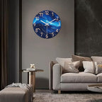 Blue Glass Wall Clocks Battery Operated 20 Inch Marble Large Wall Clocks for Living Room Round Non Ticking Wall Clock Silent