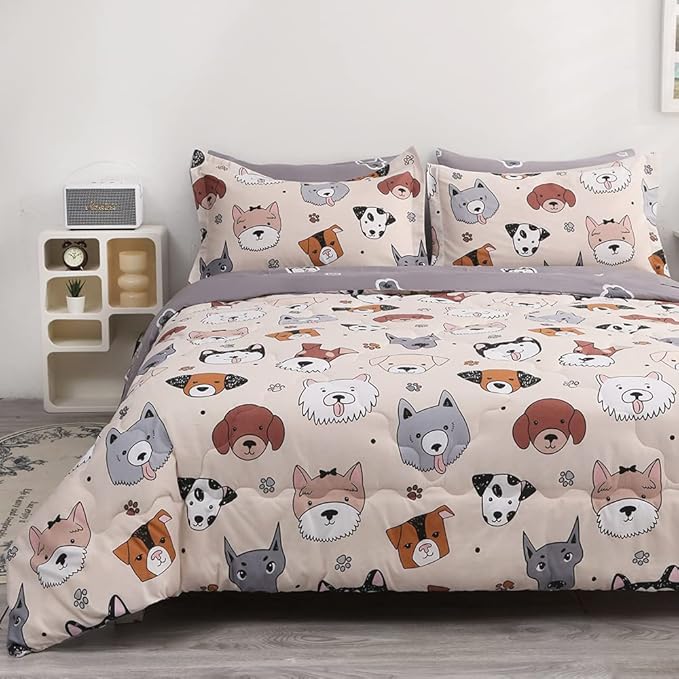 7 Piece Kids Dog Comforter Set Queen Size - Bed in A Bag Bedding Set for Teen Boys Girls - Cute Animal Quilt Super Soft All Season - Creamy White