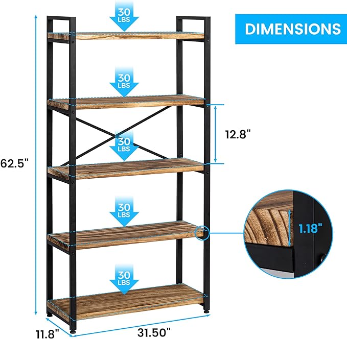 5 Tier Bookshelf Rustic Industrial Style, Storage Shelves, Metal Book Shelves Bookcase Book Shelf Display Shelf for Home Office, Living Room, Bedroom, Kitchen (31.5" W, Brown)