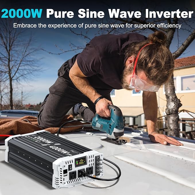 2000 watt Pure sine Wave Inverter, 12V DC to 110V AC Power Inverter, Used for Solar Emergency Power Supply in RV Homes, with 3 AC Output sockets, USB Port, Type-C Port, Remote Control with LCD Screen