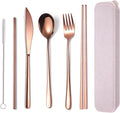 AARAINBOW 6 Pieces 18/8 Stainless Steel Flatware Set Portable Reusable Cutlery Set Travel Utensils Set Including Chopsticks Knife Fork Spoon Straws Cleaning Brush Dishwasher Safe (Rose Gold)