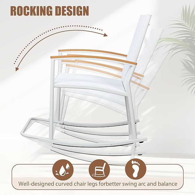 Shintenchi 3 Piece Outdoor Rocking Bistro Set, Textilene Fabric Small Patio Furniture Set, Front Porch Rocker Chairs Conversation Set with Table for Lawn, Garden, Balcony, Poolside (White)