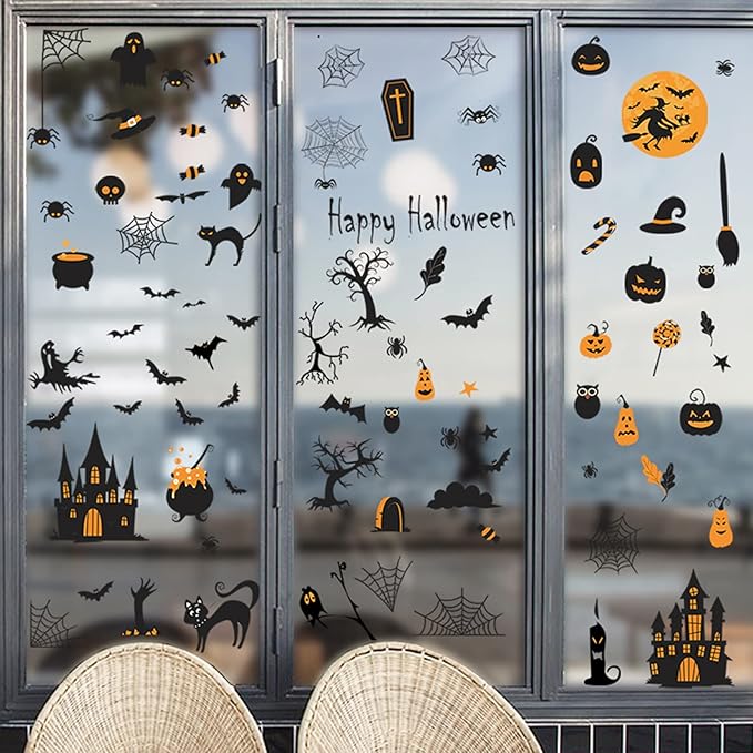 84 PCS Window Clings - Halloween Wall Stickers for Living Room, Pumpkins, Castles, Bats, Cats, Vampire, Witch Stickers, Household Decorative Murals, Party Supplies